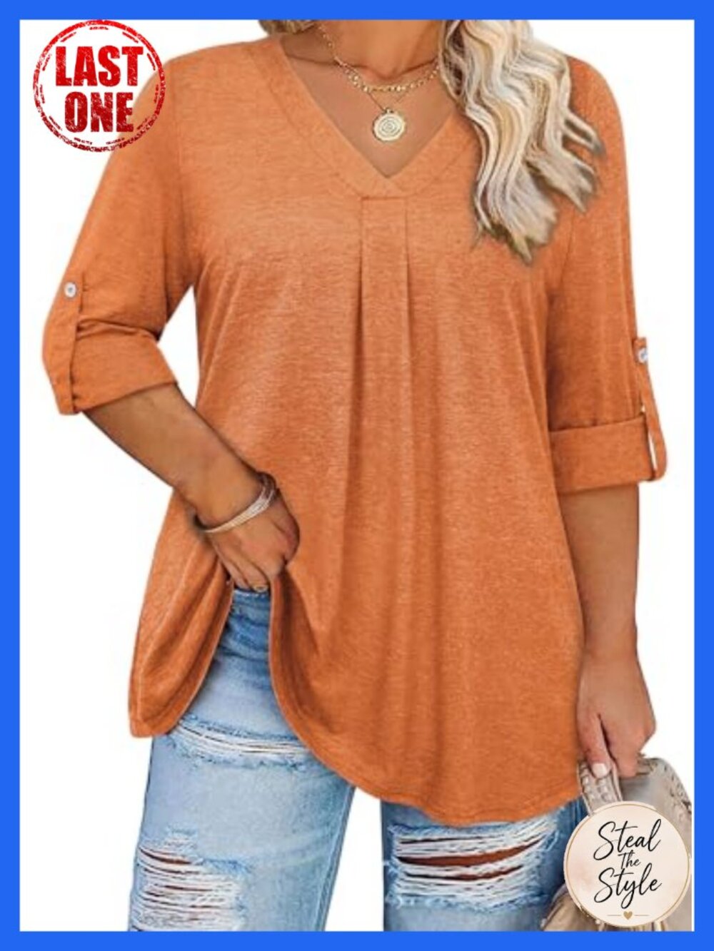 Plus Size Womens Tunic Top V-Neck 3/4 Sleeve Blouse Cotton Polyester Stretch